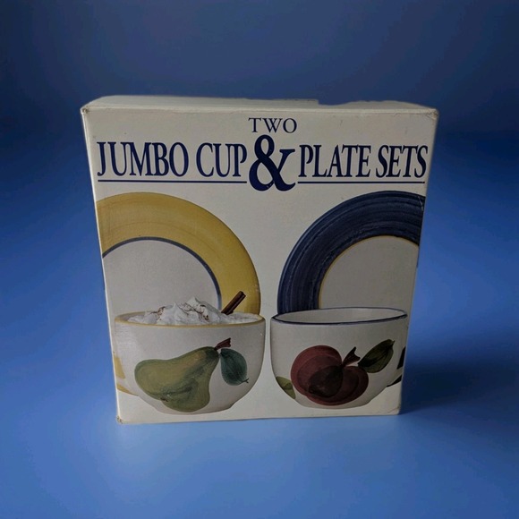 Farmhouse Style Jumbo Cup & Plate Set – Apple & Pear Mugs w/ 2 Yellow Plates NIB - Picture 1 of 8